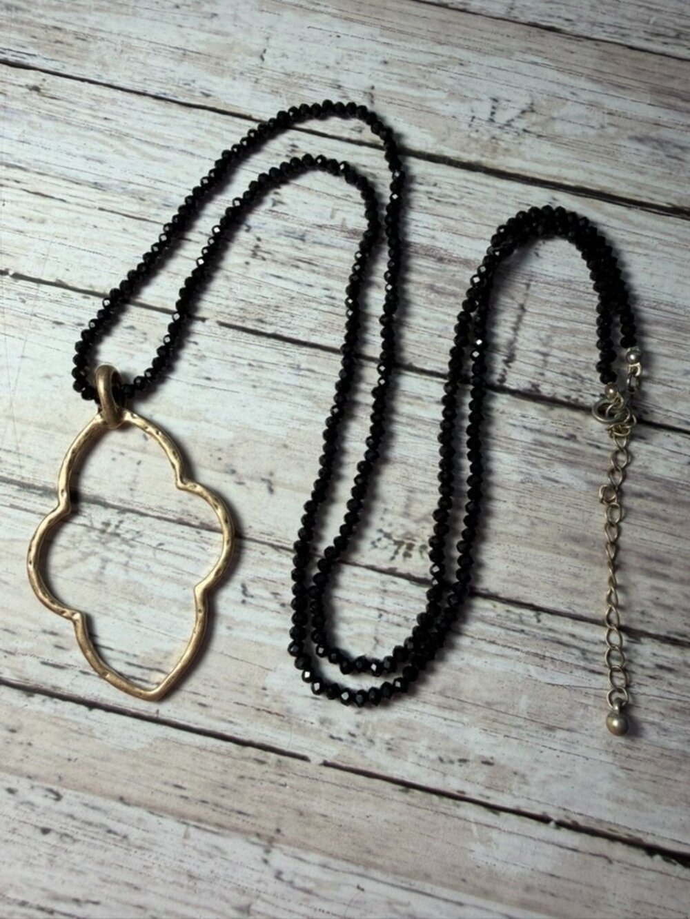 Black Beaded Gold Quatrefoil Necklace 17"